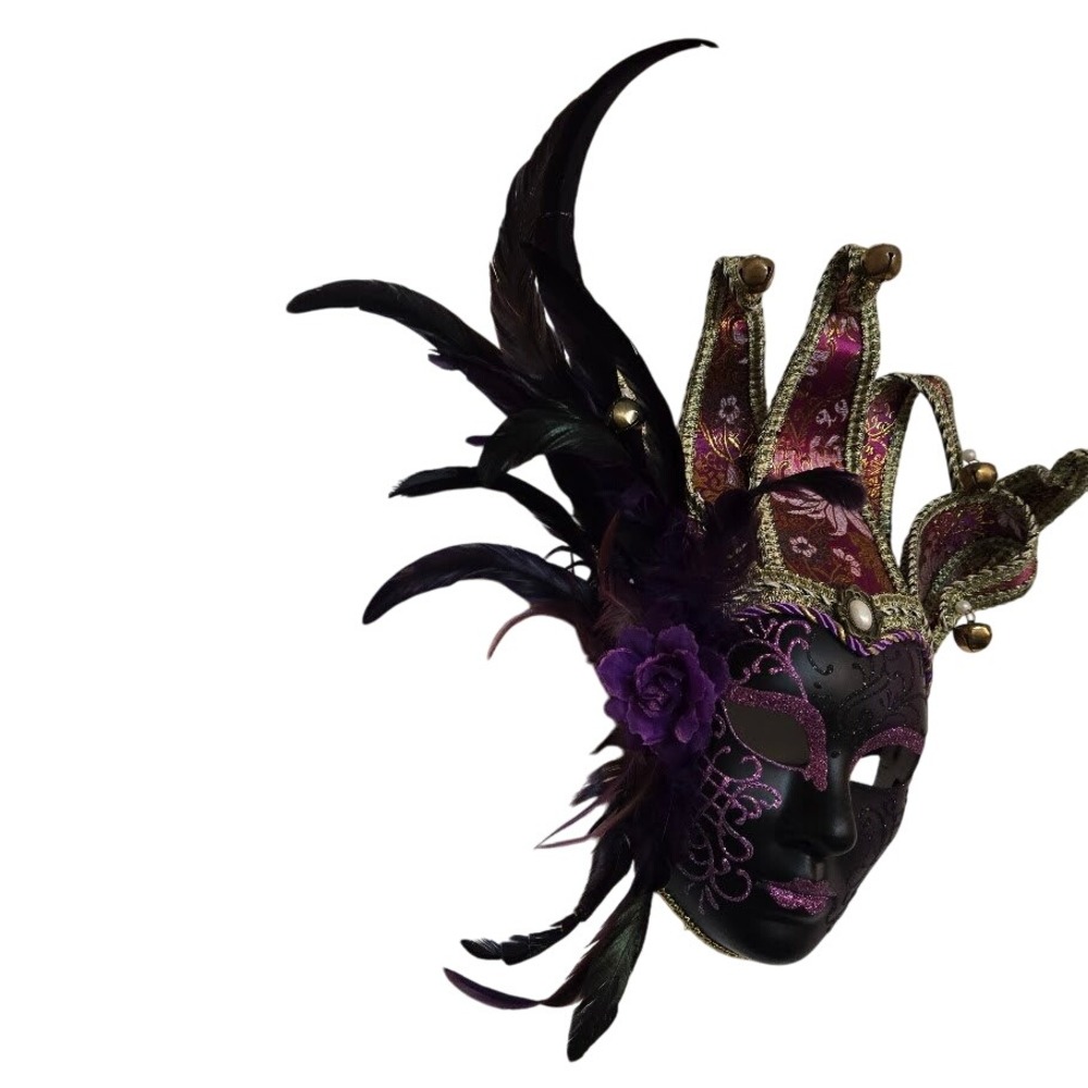 Full Face Venetian Jester Mardi Gra Masks Purple and Gold Brocade - Picture 6 of 9